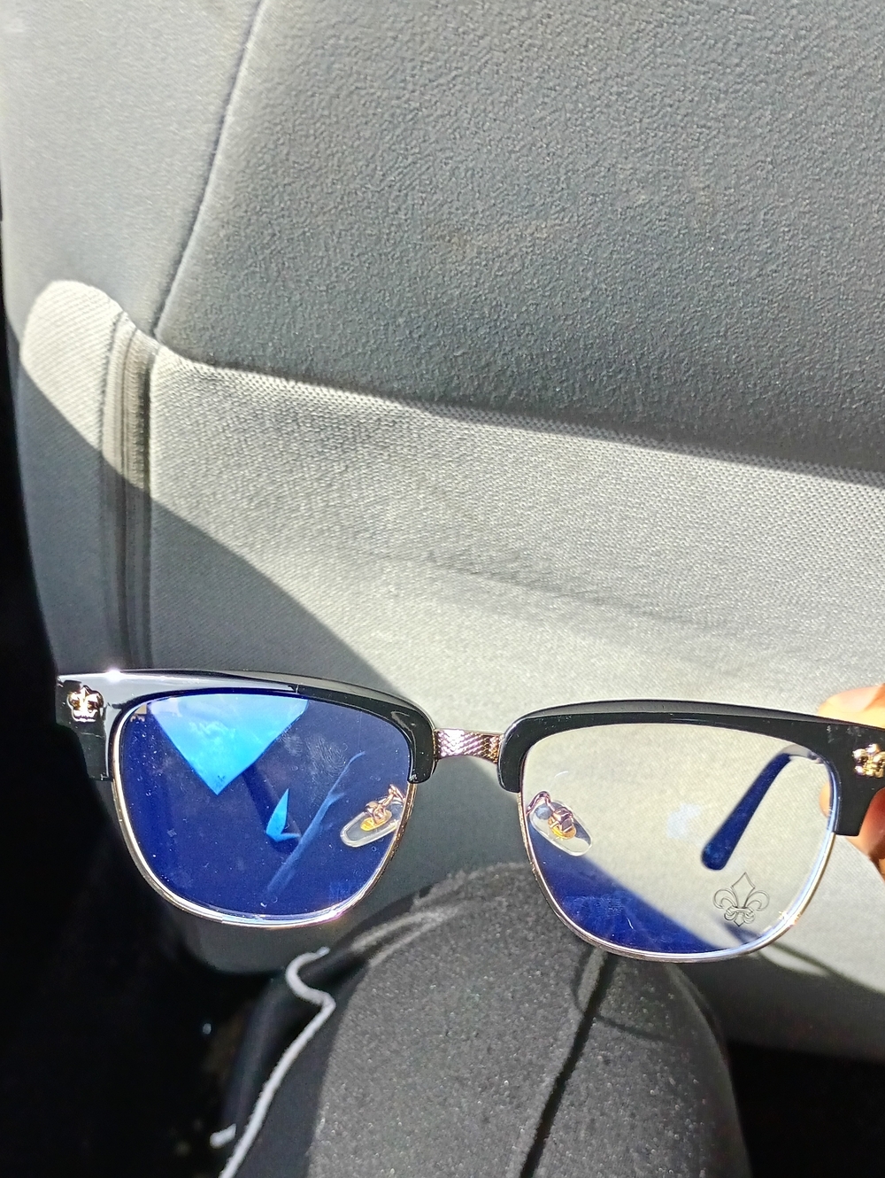 Black Chrome Hearts Frame Sunglasses with Blue Mirrored Lenses